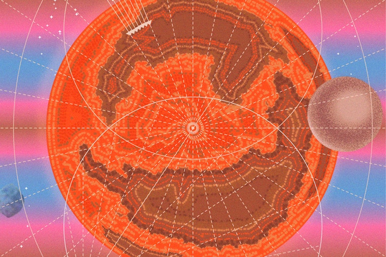 Illustration of Mars and other celestial objects by Petra Péterffy for Noema Magazine.