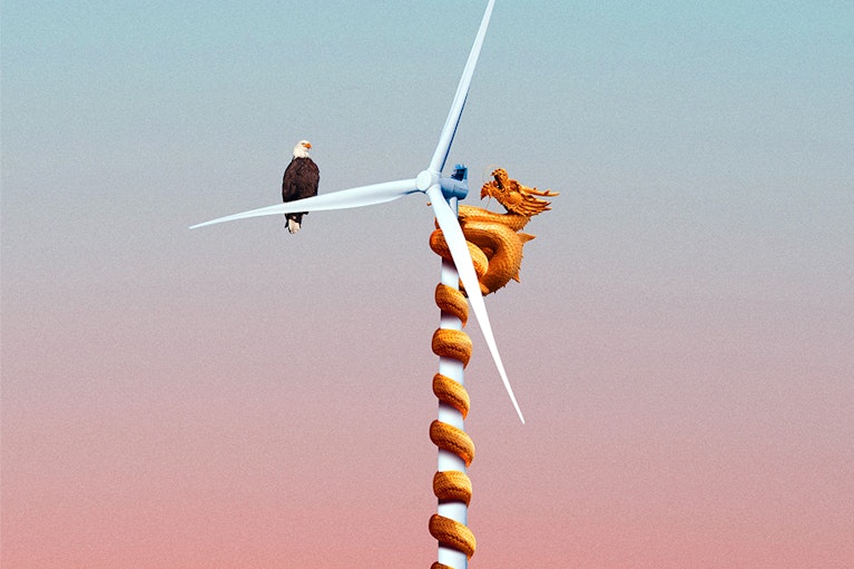 An illustration by Nicolas Ortega for Noema Magazine's article "Trump’s Climate Denial Is A Gift To China (Who’s Ready To Receive It)" by Genevieve Guenther