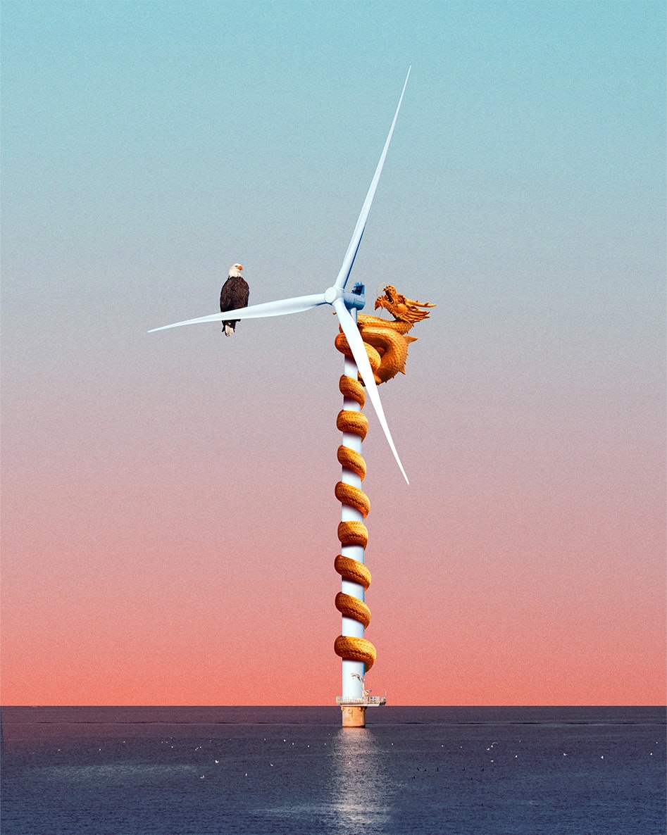 An illustration by Nicolas Ortega for Noema Magazine's article "Trump’s Climate Denial Is A Gift To China (Who’s Ready To Receive It)" by Genevieve Guenther