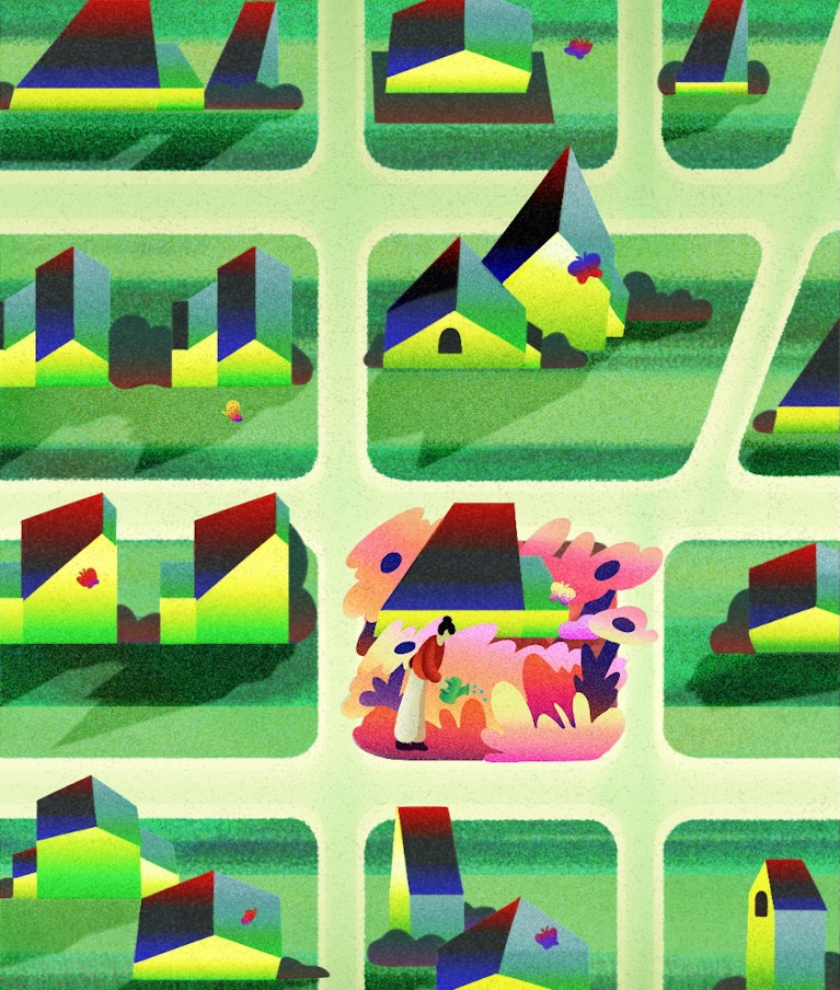 An illustration showing suburban houses, most of which have green grass lawns, except one is vibrant with flowers and wildlife.