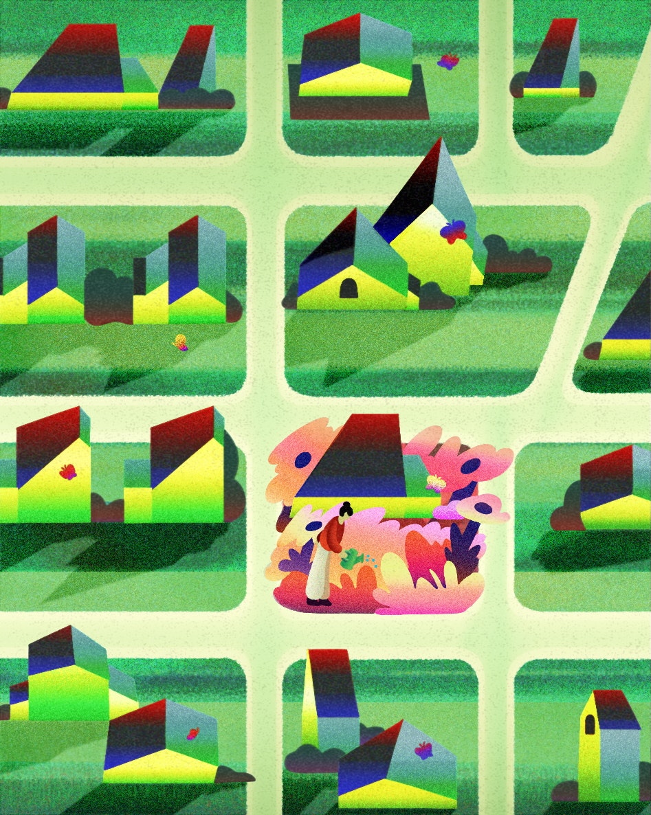 An illustration showing suburban houses, most of which have green grass lawns, except one is vibrant with flowers and wildlife.