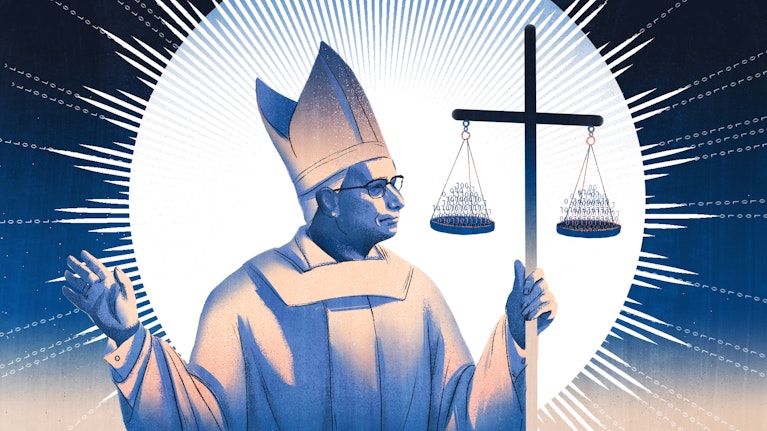 Illustration of Pope Leo XIV holding a cross with 0s and 1s on it, by Christina S. Zhu for Noema Magazine.