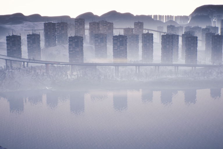 A computer generated image of skyscrapers, an elevated roadway and a river from the film "Black Cloud" by Lawrence Lek.
