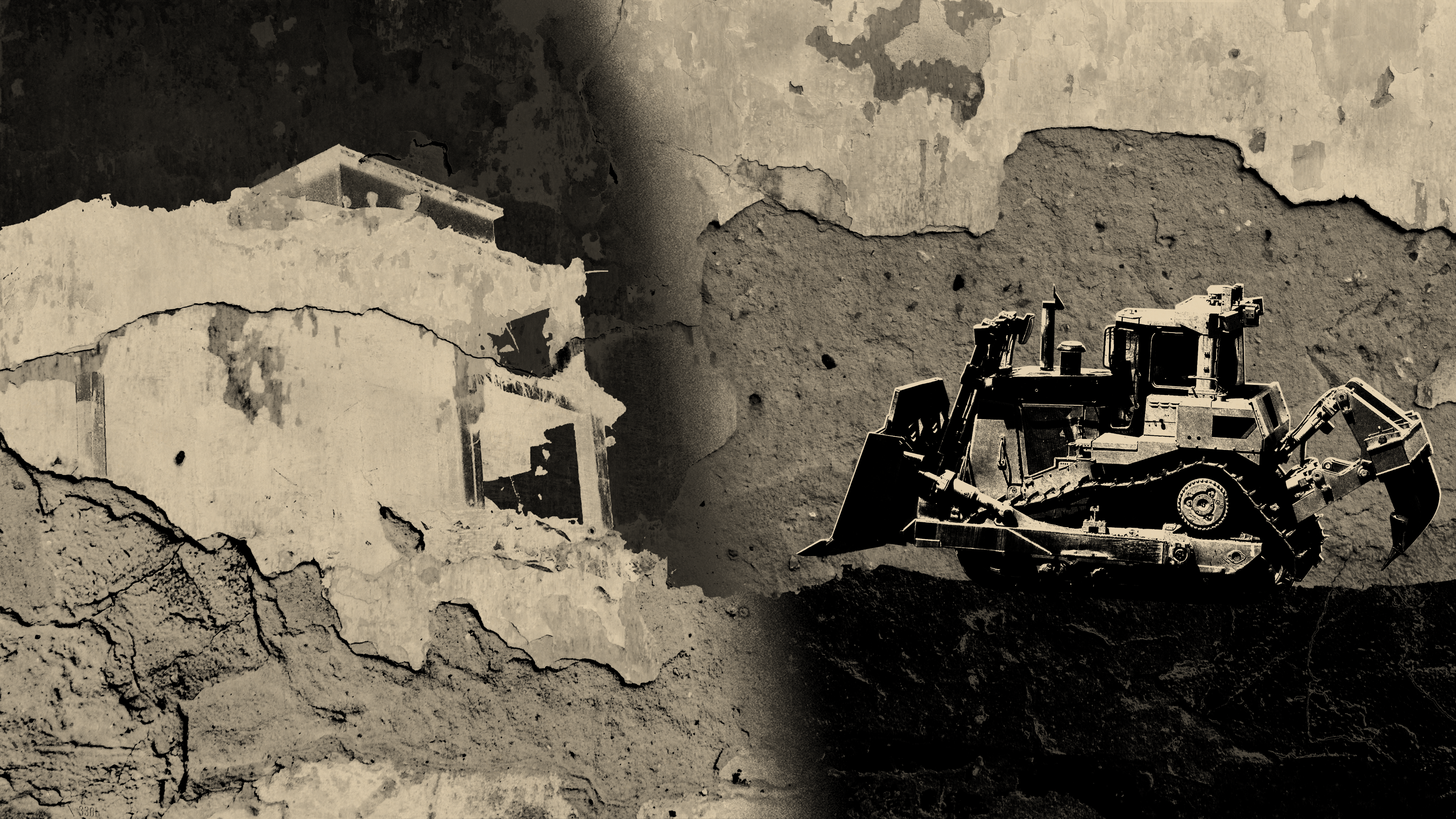An illustration of a crumbling building and a bulldozer